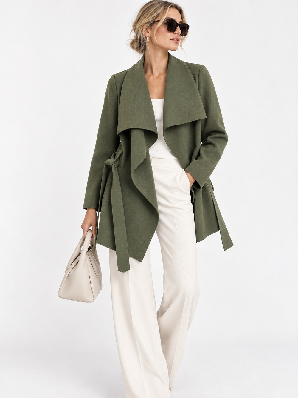 Draped Tie-Waist Trench Coat in Olive Green - Women